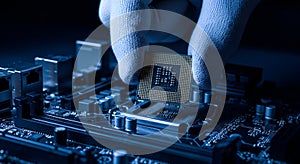Hand installing computer CPU on motherboard processor