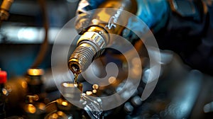 Hand installing a spark plug in an engine.