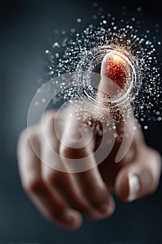 A hand interacting with advanced digital technology and a glowing virtual interface