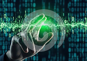 Hand interacting with binary code in futuristic digital interface