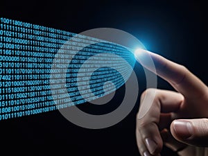 Hand interacting with binary code stream