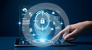 Hand interacting with blue digital cloud security interface on tablet