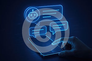 Hand interacting with a chatbot interface projected from a smartphone screen artificial intelligence