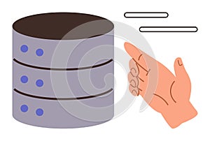Hand interacting with a database, symbolizing data management and technology operations