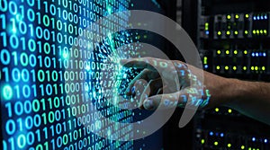 Hand interacting with digital binary code