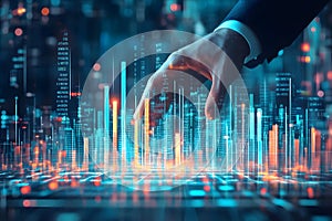 Hand Interacting with Digital Data Visualization Representing a Cityscape