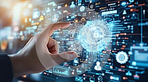Hand interacting with a digital interface displaying data and security lock icon on a screen panel
