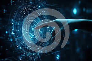 Hand interacting with digital interface, isolated on white background