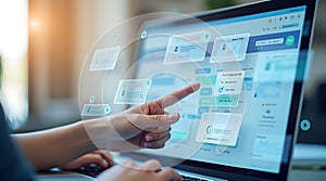 Hand interacting with a digital interface on a laptop screen