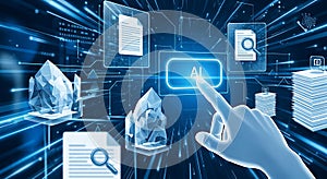 Hand interacting with digital interface showing documents and data