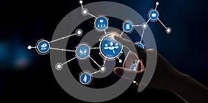 Hand Interacting with Digital Network Interface, Visualizing Connections and Data Points in a Futuristic Technology