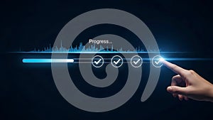 A hand interacting with a digital progress bar and checkmarks on a dark background