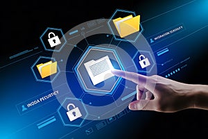 Hand interacting with digital security icons representing data protection and cloud storage