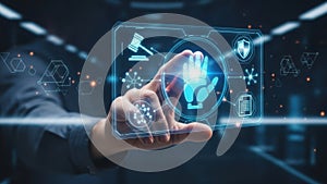 Hand interacting with digital security interface on tablet