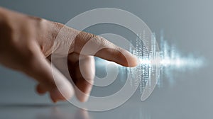 Hand interacting with a digital stream of code and data, symbolizing technological innovation and software development