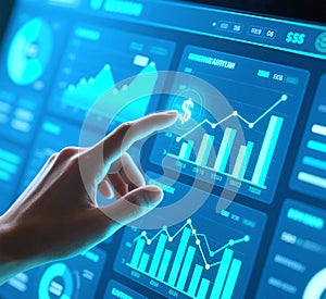 Hand Interacting with Financial Dashboard Data Driven Decision Making.