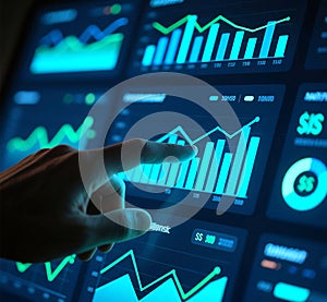 Hand Interacting with Financial Dashboard Data Driven Decision Making.
