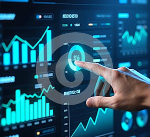 Hand Interacting with Financial Dashboard Data Driven Decision Making.