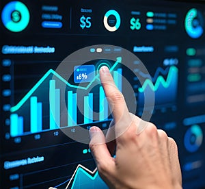 Hand Interacting with Financial Dashboard Data Driven Decision Making.