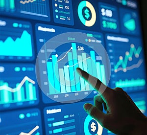 Hand Interacting with Financial Dashboard Data Driven Decision Making.