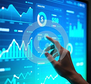 Hand Interacting with Financial Dashboard Data Driven Decision Making.