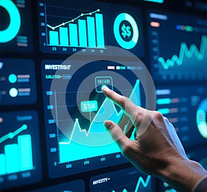 Hand Interacting with Financial Dashboard Data Driven Decision Making.