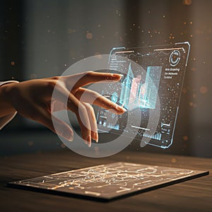 A hand interacting with a floating, translucent holographic interface displaying graphs