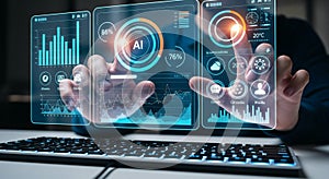 Hand Interacting with Futuristic AI Data Analytics Interface