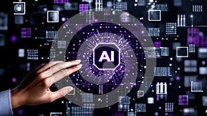 Hand Interacting with Futuristic AI Interface Digital Technology Artificial Intelligence Concept