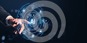 Hand interacting with futuristic AI interface surrounded by digital icons and binary code on a dark cyberspace background