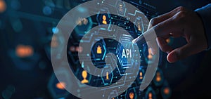 Hand Interacting with Futuristic API Interface: Digital Technology Concept with Network Connections.