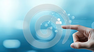 Hand interacting with futuristic blue interface button, seamless integration of technology and human touch