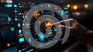 A hand interacting with a futuristic computer interface with data charts and graphs