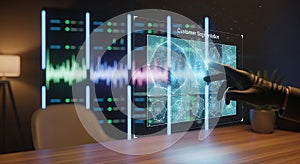 Hand interacting with futuristic customer segmentation data visualization screen