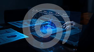 Hand interacting with a futuristic 3D data visualization interface