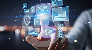 Hand Interacting with Futuristic Data Interface, Technology Concept