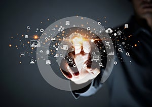 Hand Interacting with Futuristic Data Network Visualization