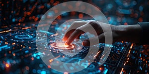 Hand interacting with a futuristic digital interface with blue and orange lights