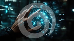 Hand interacting with futuristic digital interface