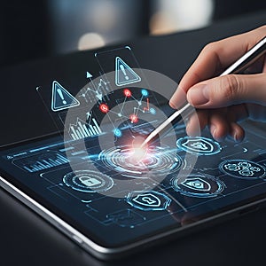 Hand interacting with futuristic digital interface and data visualization