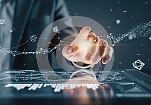 Hand interacting with futuristic digital interface and data visualization