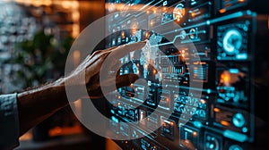 Hand interacting with futuristic digital interface displaying data analytics, graphs, and maps, showcasing advanced