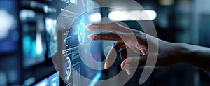 The Hand Interacting with a Futuristic Digital Interface Displaying Data Insights..AI generated image
