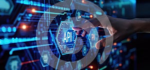 Hand Interacting with Futuristic Digital Interface Featuring API Technology.