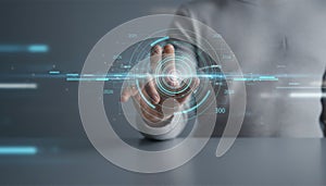 Hand interacting with futuristic digital interface and technology