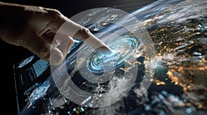 Hand Interacting with Futuristic Digital World Map and Data Visualization