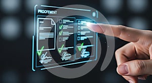 Hand interacting with futuristic holographic data interface screen displaying charts and documents