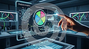 Hand interacting with futuristic holographic display showing predictive analytics data charts