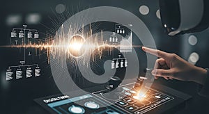 Hand interacting with futuristic holographic interface displaying data and sound wave analysis