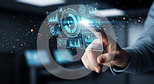 Hand Interacting with Futuristic Holographic Screen Displaying Business Data and Digital Analytics